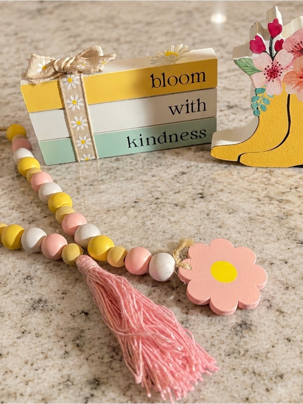 Spring Decor Set – Bloom With Kindness Sign, Floral Rain Boots & Beaded Garland